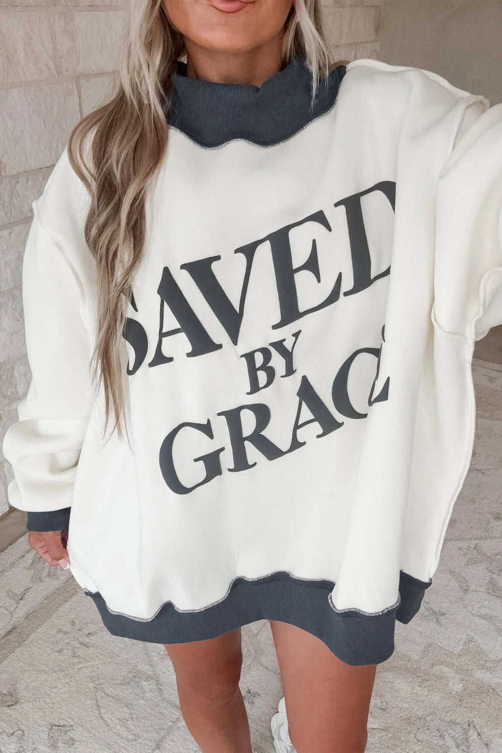 "Saved By Grace" Oversized Mock Neck Sweatshirt